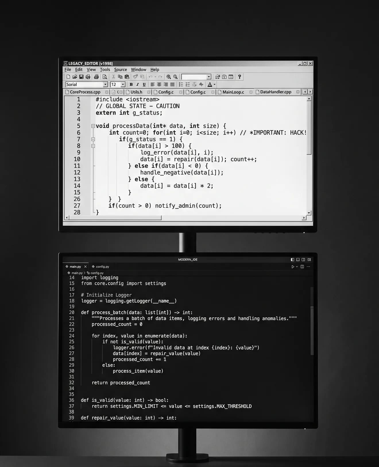 Legacy code on one screen beside its modernized counterpart on another