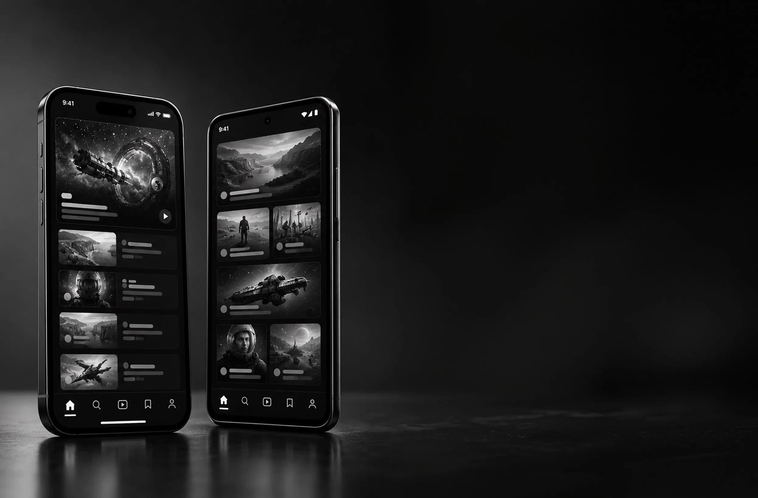 Two phones side by side running a media streaming app