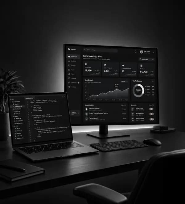 Laptop and monitor showing an analytics dashboard on a desk