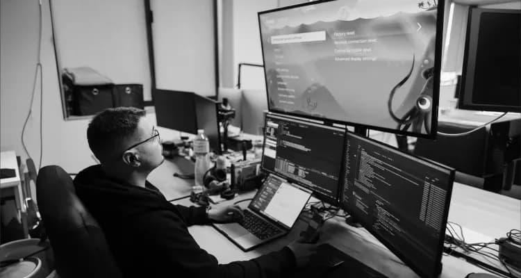 Developer at a desk with several monitors of code and a design